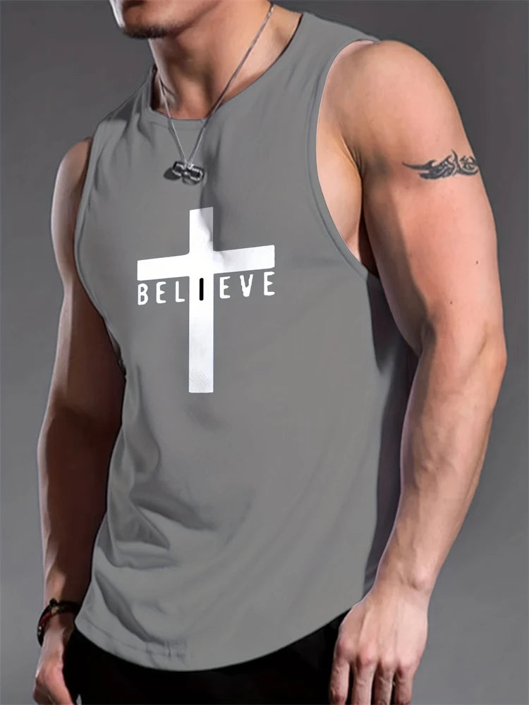 Men's Summer Sports T-Shirt Cross Print Running Tank Top Stretch Quick-Dry Athletic Top Fitness Sports Tank Men's Training Shirt