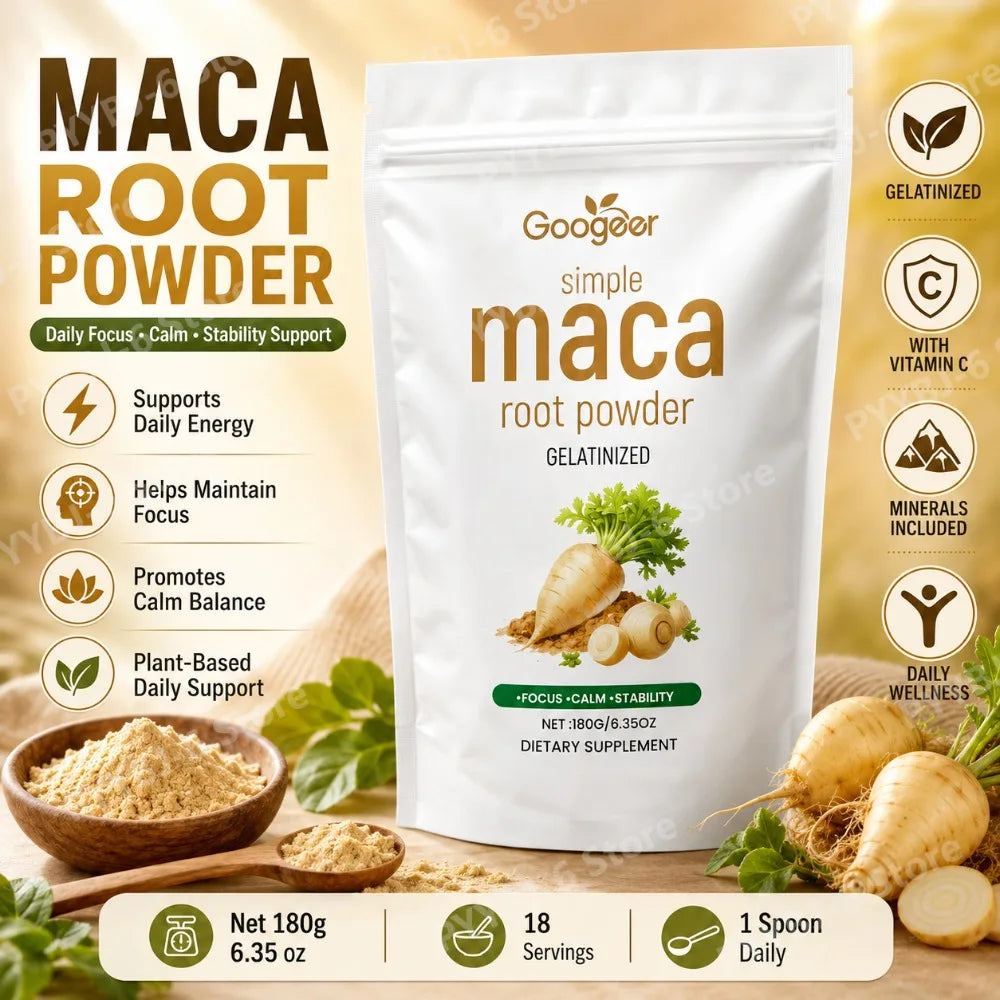 Googeer Maca Root Powder 180g Gelatinized Dietary Supplement Energy Focus Calm Balance Support Vitamin C Potassium Zinc Iron Mix