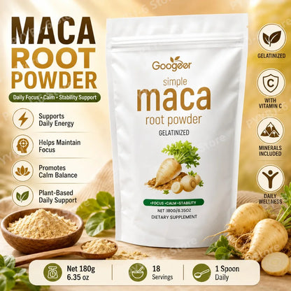 Googeer Maca Root Powder 180g Gelatinized Dietary Supplement Energy Focus Calm Balance Support Vitamin C Potassium Zinc Iron Mix