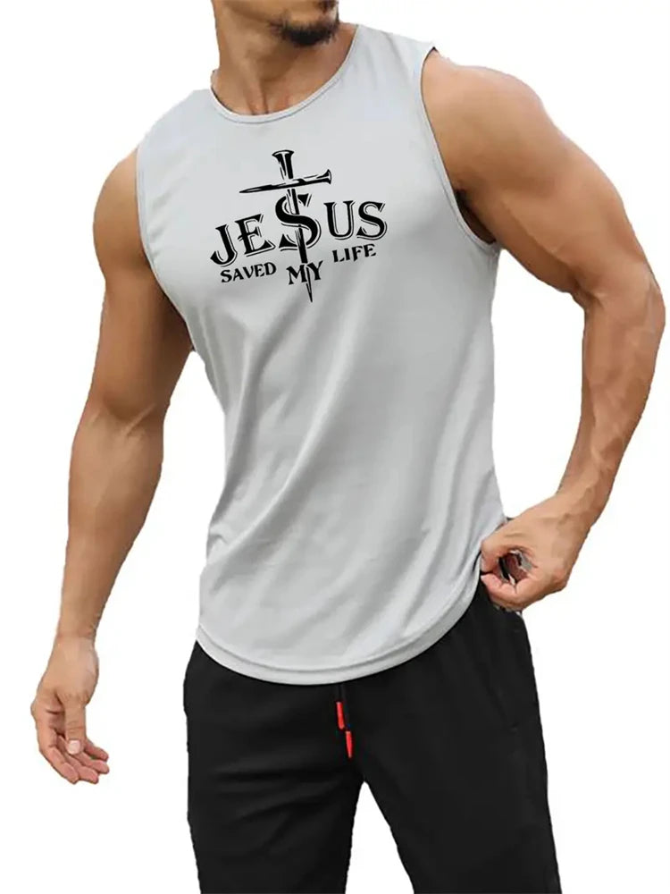 Men's Summer Sports T-Shirt Cross Print Running Tank Top Stretch Quick-Dry Athletic Top Fitness Sports Tank Men's Training Shirt