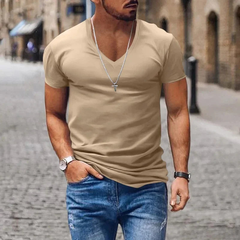 2025 Summer New Fashion Casual V-neck Men Solid Color exercise T-Shirts Men slim Quick-drying breathable thin short sleeve Tops