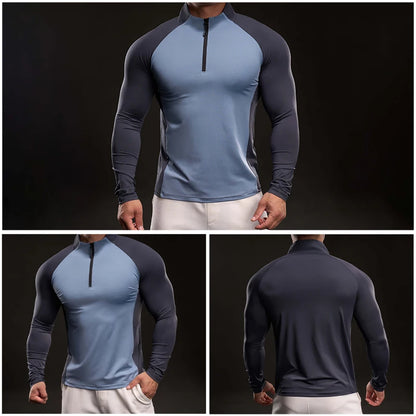 Men Fitness Quick Dry Sport Long Sleeves T-shirt Running Fitness Workout Breathable Sportswear Gym Shirt Half Zipper Long Sleeve