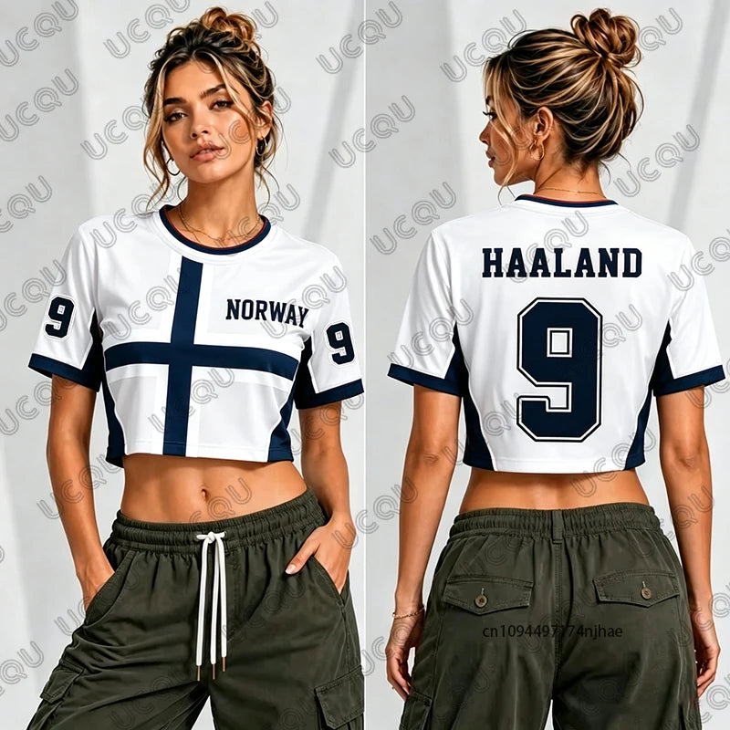 2026 Norway Haaland No.9 Print T-Shirt For Women Summer Short Sleeve Sexy Crop Top Football Jersey Y2k Surfing Tees Casual Tops