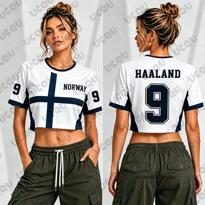 2026 Norway Haaland No.9 Print T-Shirt For Women Summer Short Sleeve Sexy Crop Top Football Jersey Y2k Surfing Tees Casual Tops