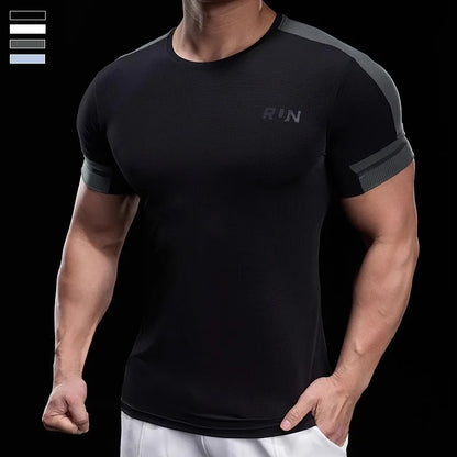2025 Spring Summer Men's Running Training Sports Gym Fitness Top Quick Dry Breathable High Elastic Short Sleeve T-shirt Men
