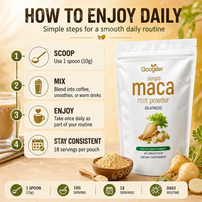 Googeer Maca Root Powder 180g Gelatinized Dietary Supplement Energy Focus Calm Balance Support Vitamin C Potassium Zinc Iron Mix
