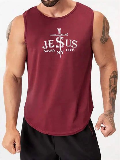 Men's Summer Sports T-Shirt Cross Print Running Tank Top Stretch Quick-Dry Athletic Top Fitness Sports Tank Men's Training Shirt