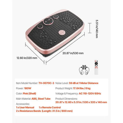 Vibration Plate Exercise Machine, Whole Body Shaker with Magnetic Acupoints for Lymphatic Drainage and Weight Loss, Home Workout Gym Fitness Equipment with 2 Resistance Bands for Women Men, Pink